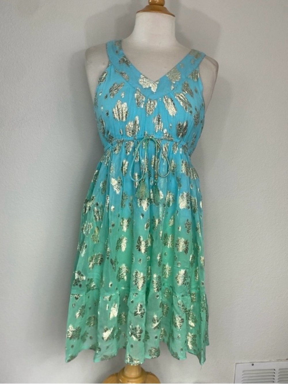 Palak Women's Turquiose Ombre Floral Metallic Fit & Flare Dress Size Medium Boho